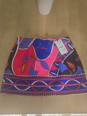 Zara Pink & Blue Botanical-Print Mini Skirt